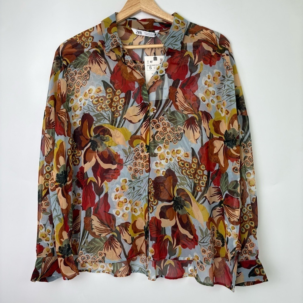 NWT Zara Floral Sheer Collared Button Down Blouse